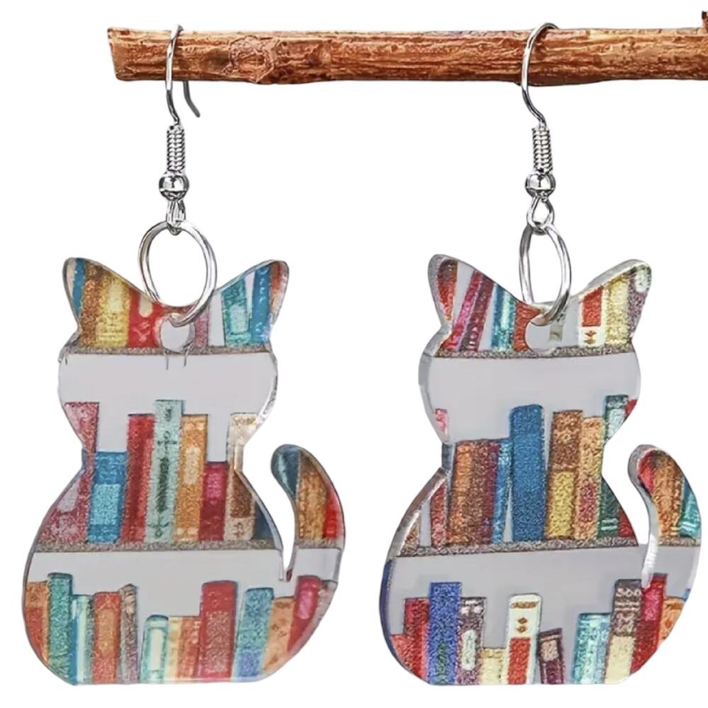 Bookshelf Cat Acrylic Earrings Library Books Dangle Cute